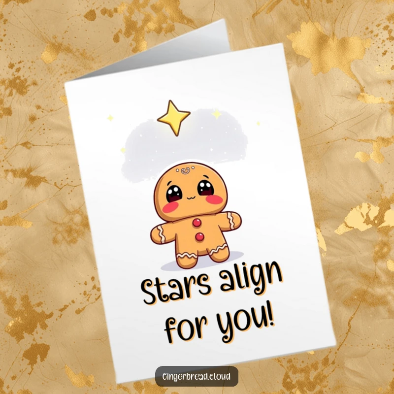 Funny Free Printable Birthday Card: Gingerbread character looking up with wide eyes at a starry sky, full of wonder and dreams.