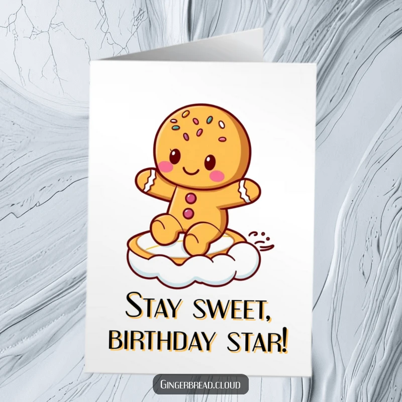 Fun Free Printable Birthday Card: A cute gingerbread cookie with sprinkles surfs a cloud like a surfboard.