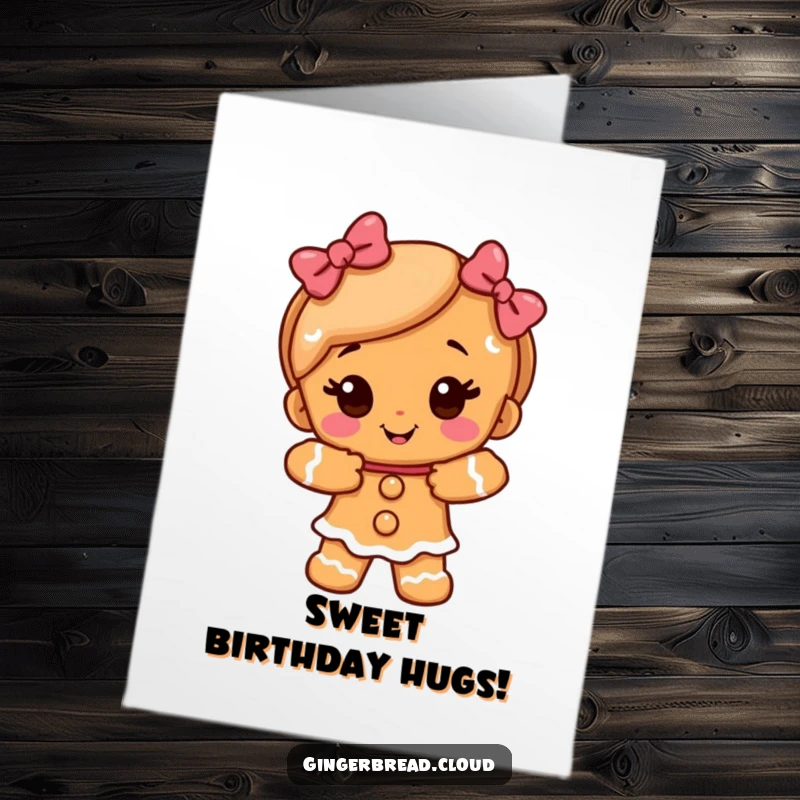 Funny Free Printable Birthday Card featuring a happy gingerbread girl character giving a warm, sugary embrace with a sweet smile.