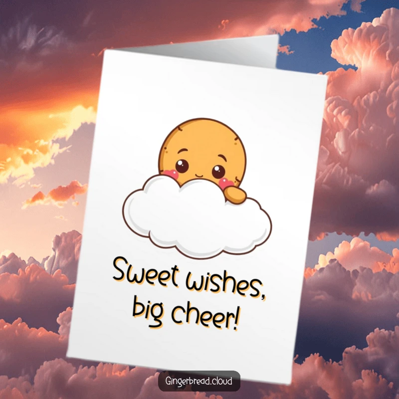 Funny Free Printable Birthday Card: Gingerbread character peeking from behind a soft cloud, whimsical and cute for your celebration.