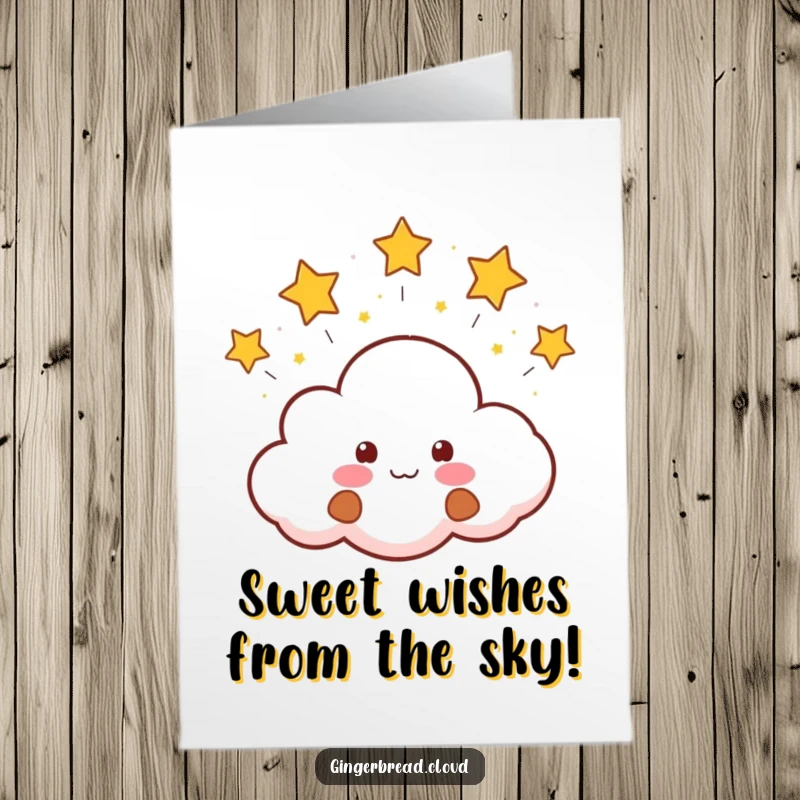 Funny Free Printable Birthday Card featuring a cheerful gingerbread cloud blowing sparkling stars, perfect for a whimsical celebration.