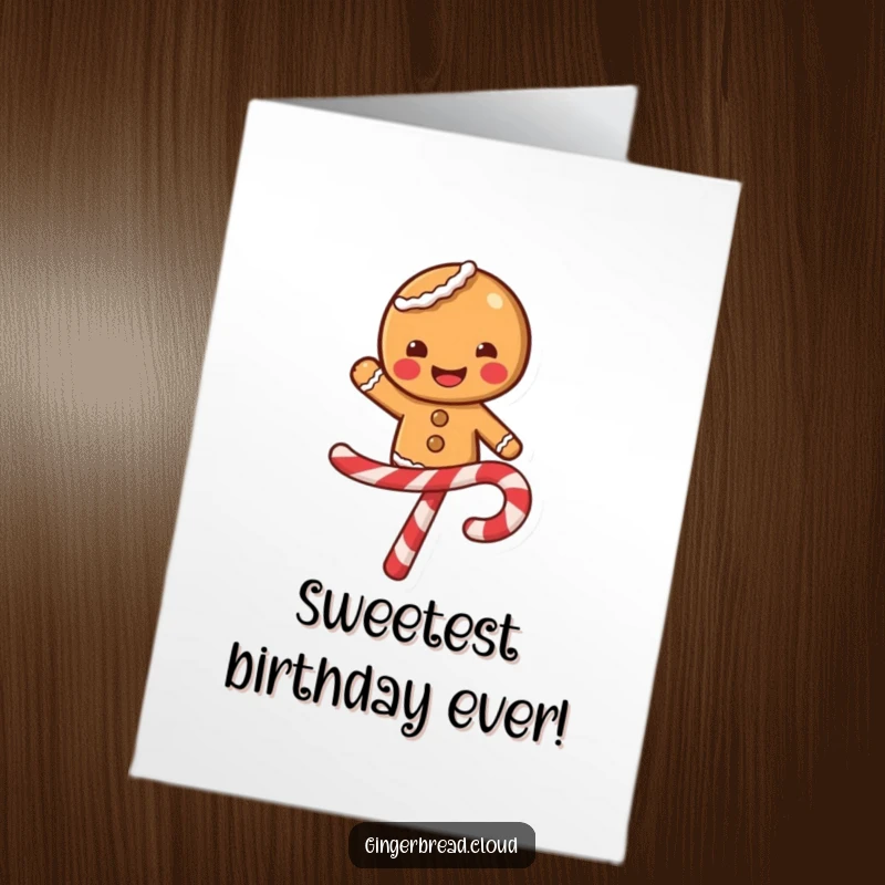 Funny Free Printable Birthday Card: a smiling gingerbread character balancing precariously on a swirling candy cane.