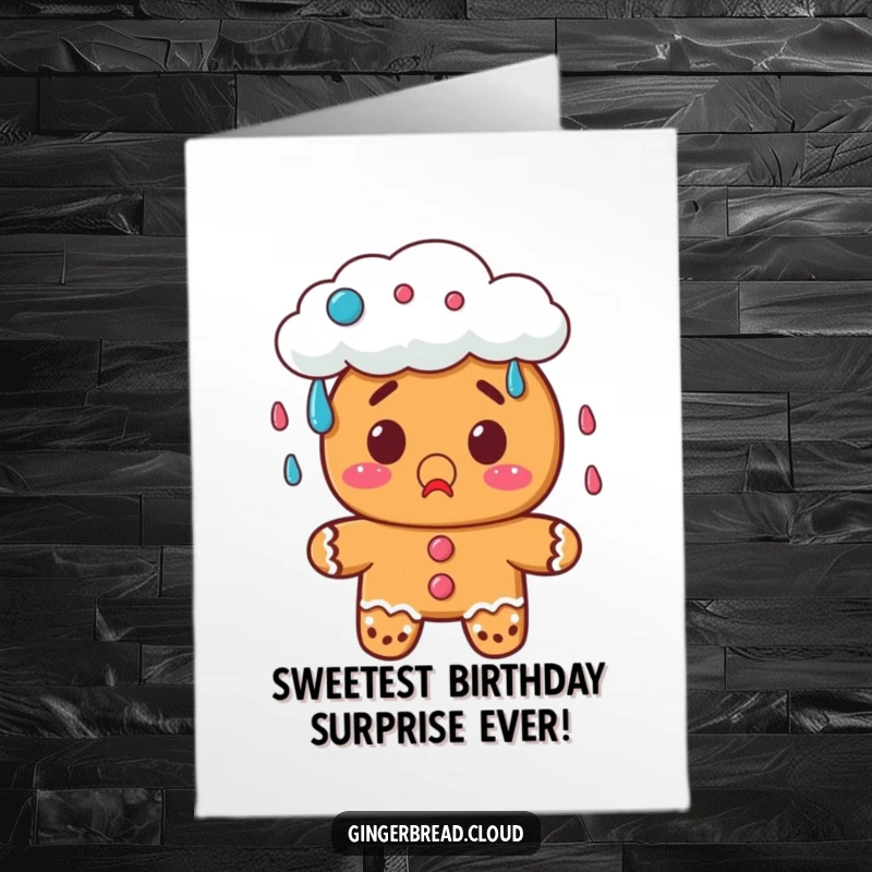 Funny Free Printable Birthday Card: A gingerbread cookie with a surprised look watches a cloud rain down colorful candies, celebrating with wonder.