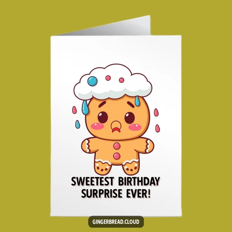 Free Printable Birthday Card: Surprised Gingerbread, Candy Rain Downloadable Gift
