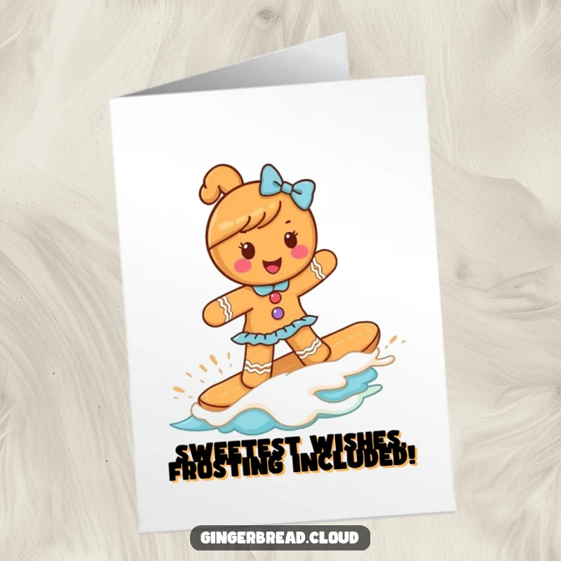 Funny Free Printable Birthday Card: Gingerbread girl joyfully surfing a sweet frosting wave, spreading birthday cheer.