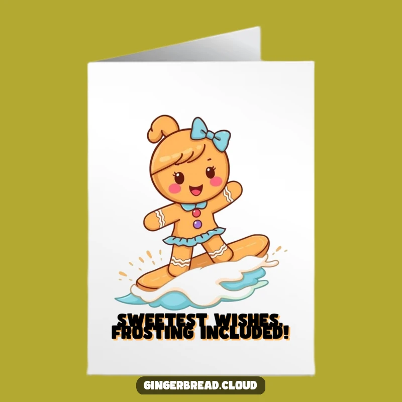 Free Printable Birthday Card: Funny Gingerbread Girl Surfing Frosting Wave - Downloadable Gift