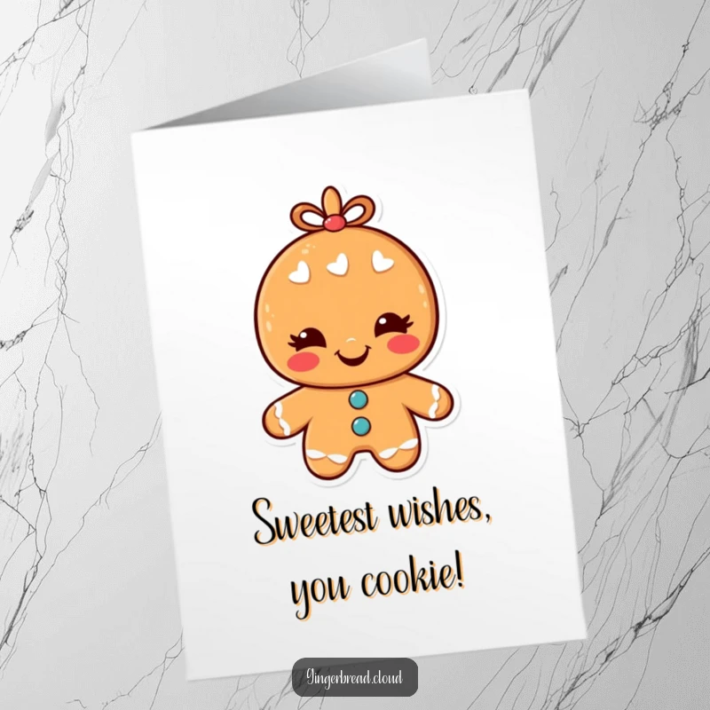 Funny Free Printable birthday card featuring a cheerful gingerbread man winking with a giant smile, ready to party.