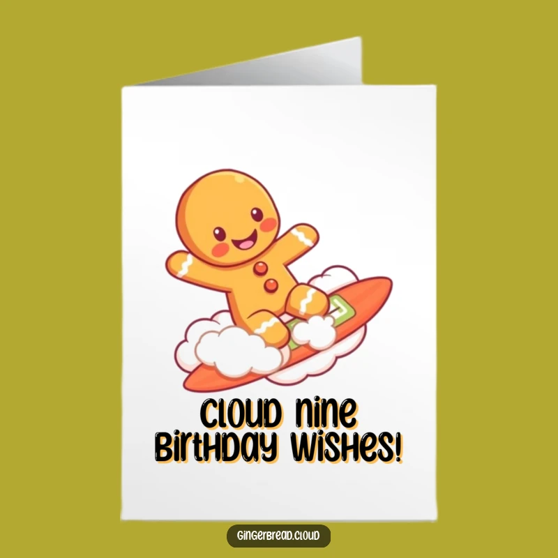 Whimsical Free Printable Birthday Card: Cloud Surfing Gingerbread Man Funny Gift