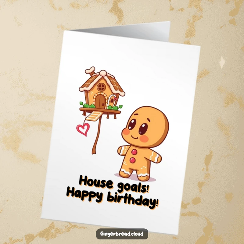 Whimsical Free Printable Birthday Card: Gingerbread man with wide, amazed eyes looking up at a charming gingerbread house floating magically in the sky.