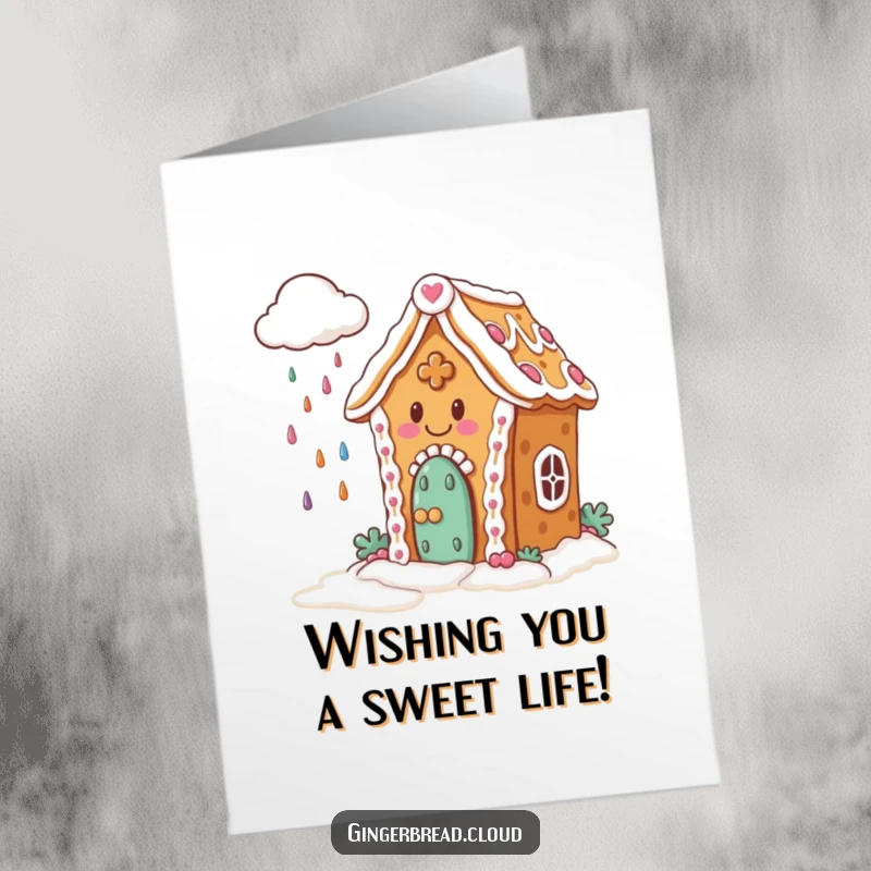 Sweet Free Printable Birthday Card: A happy gingerbread house with icing looks up as a cloud rains colorful candy.