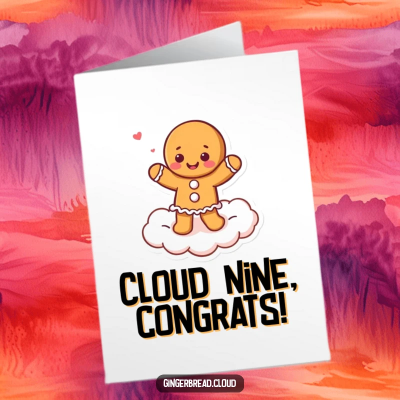 Funny Free Printable Congratulations card: A gingerbread character doing a silly dance on a cloud, celebrating an amazing achievement.