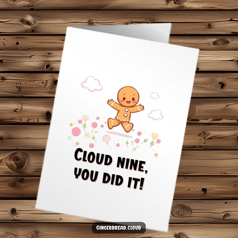 Funny Free Printable Congratulations Card showing a gingerbread person skipping joyfully amidst candy clouds.