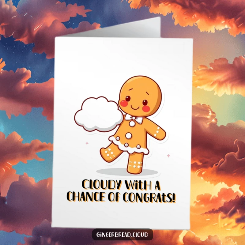 Happy Free Printable Congratulations Card: Gingerbread character joyfully dancing with a cloud partner, celebrating a momentous achievement with pure happiness.