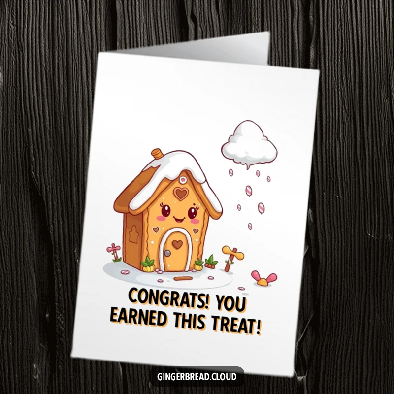 Funny free printable congratulations card: A gingerbread house delights as a cloud rains colorful candy, perfect for celebrating wins.