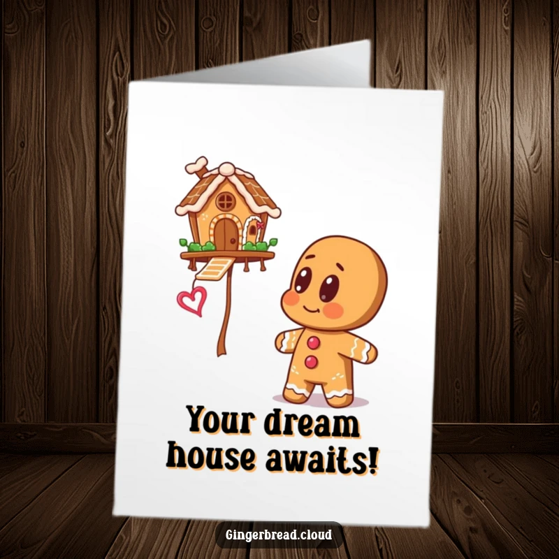 Dreamy Free Printable Congratulations Card: Gingerbread man with big eyes gazing upwards at a whimsical floating gingerbread house, symbolizing achievement and aspirations.