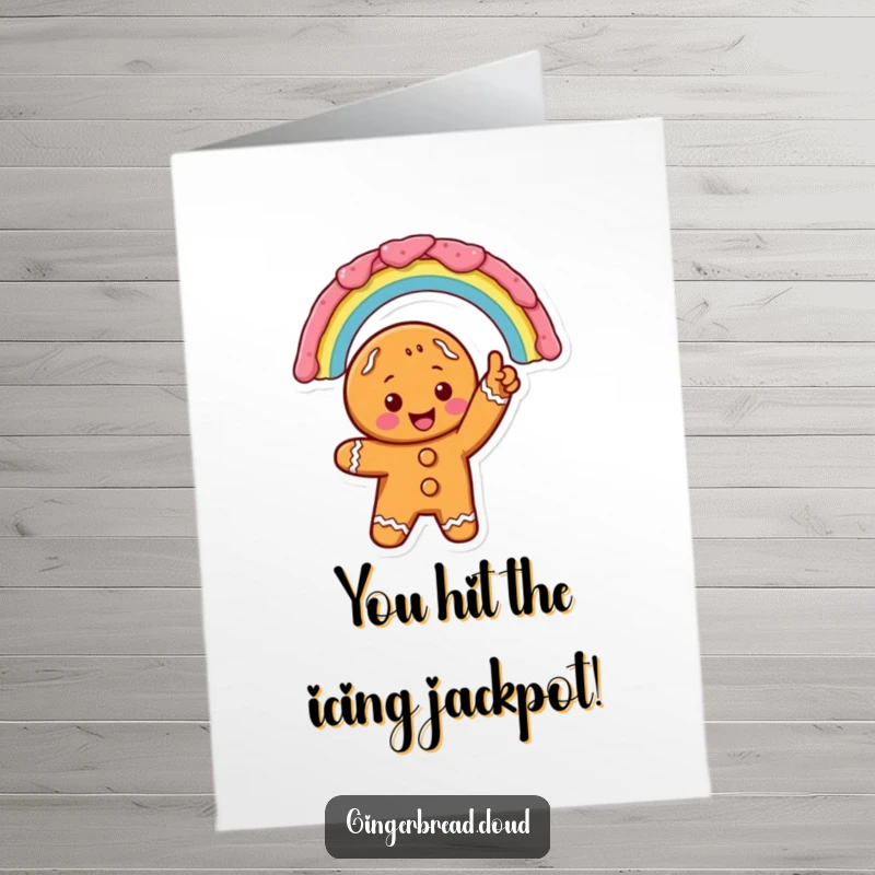 Exciting Free Printable Congratulations Card: Gingerbread character excitedly pointing at a beautiful rainbow crafted from sweet icing, celebrating a spectacular success.