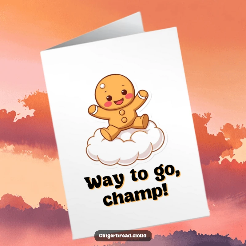 Funny Free Printable Congrats Card: Gingerbread character bouncing happily on a bouncy cloud, celebrating success with pure excitement.