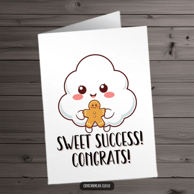 Funny Free Printable Congratulations Card showing a smiling cloud character generously offering a piece of gingerbread, celebrating a sweet victory.
