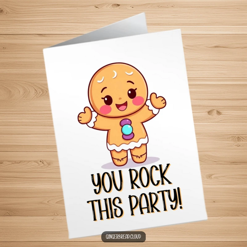 Funny Free Printable Congratulations Card of a happy gingerbread person with candy buttons doing a joyful dance.