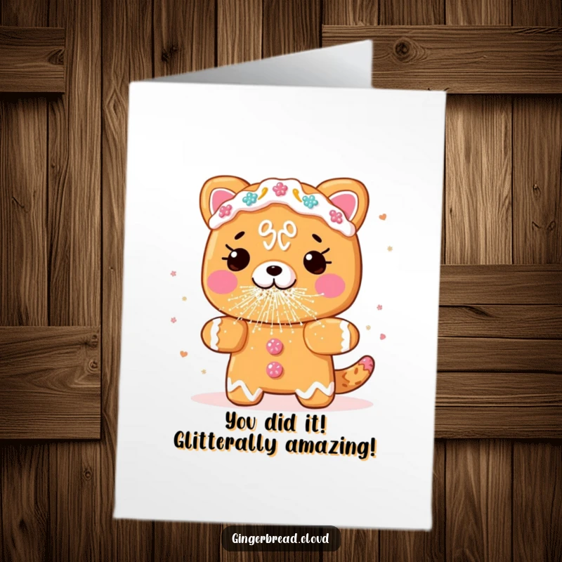 Funny Free Printable Congrats Card: A gingerbread bear sneezes a cloud of colorful edible glitter.