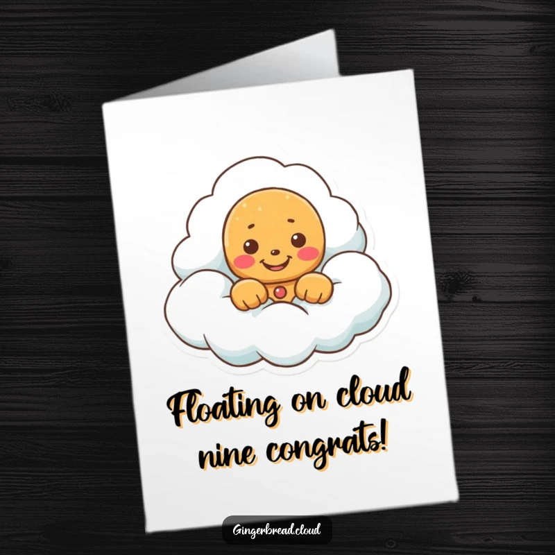 Funny Free Printable Congratulations Card: Gingerbread character peeking from a cloud with a celebratory grin.