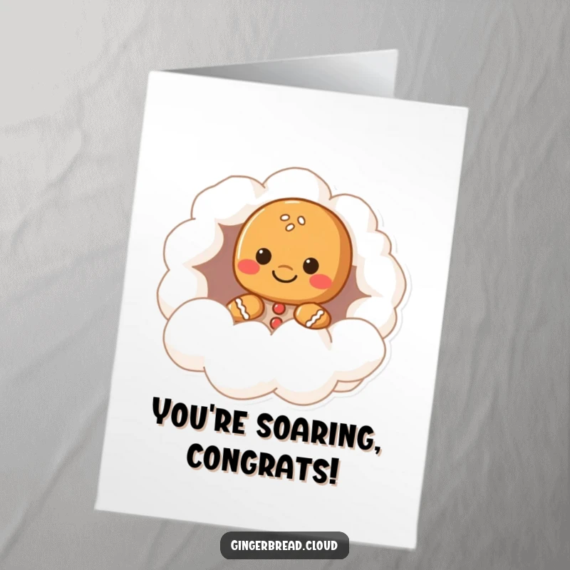 Funny Free Printable Congrats Card: A gingerbread friend peeks with a grin from inside a soft cloud hollow.