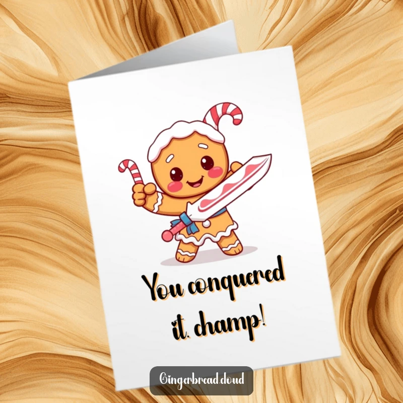 Funny Free Printable Congratulations Card: Gingerbread character brandishing a candy cane sword, celebrating a win.