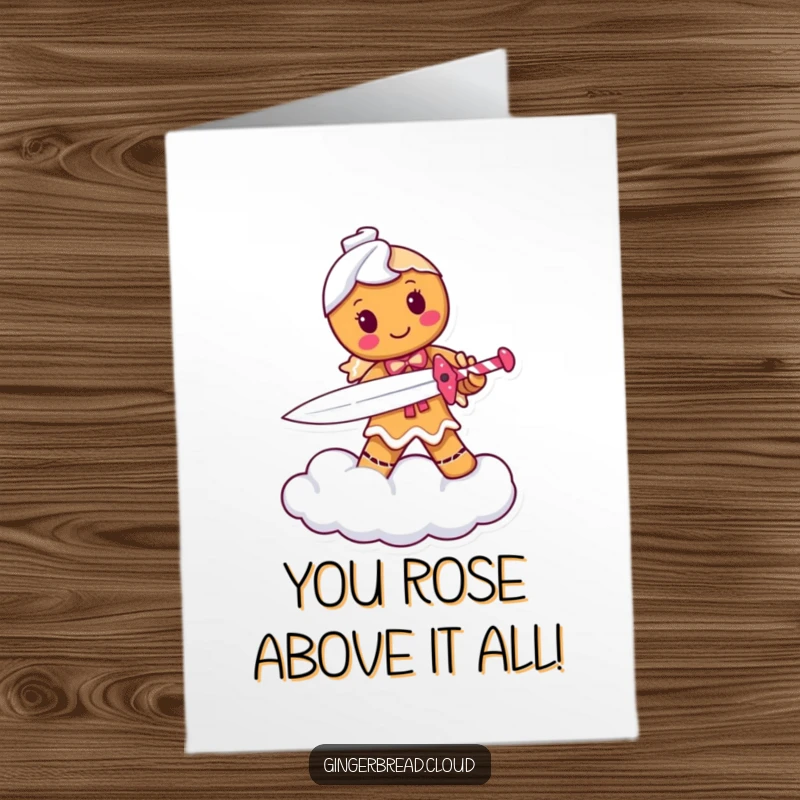 Funny free printable congratulations card: a brave gingerbread person with a candy cane sword standing guard on a cloud, celebrating success.