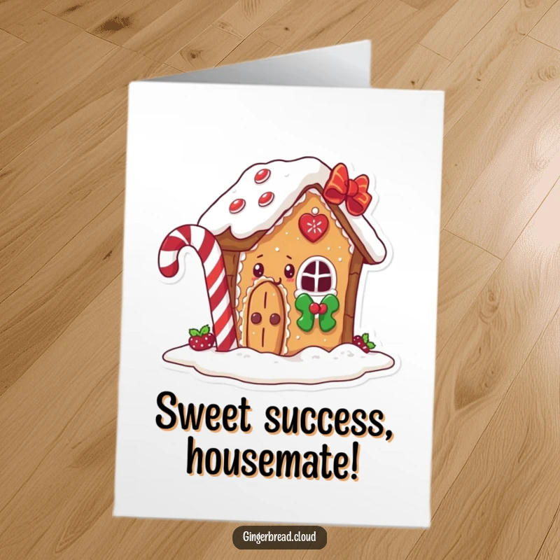Funny Free Printable Congratulations Card with a gingerbread house character peeking out from behind a candy cane.