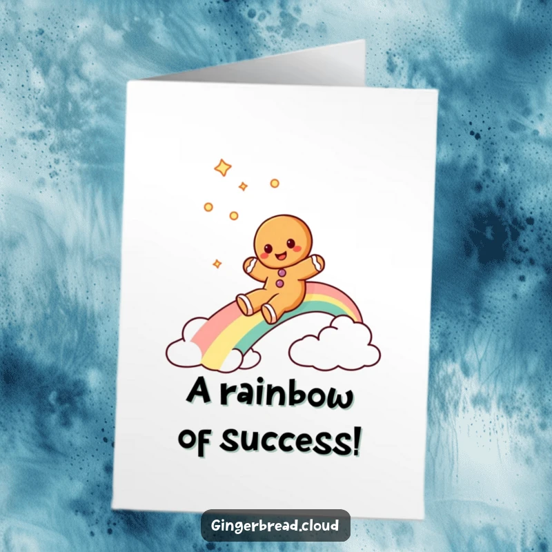 Funny Free Printable Congratulations Card with a gingerbread cookie character gleefully sliding down a colorful rainbow, celebrating a grand success.