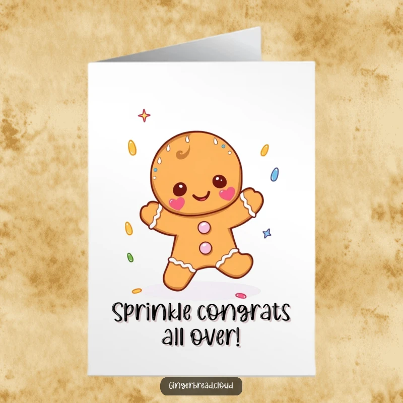 Funny Free Printable Congratulations Card depicting a happy gingerbread character catching sprinkles falling like rain.