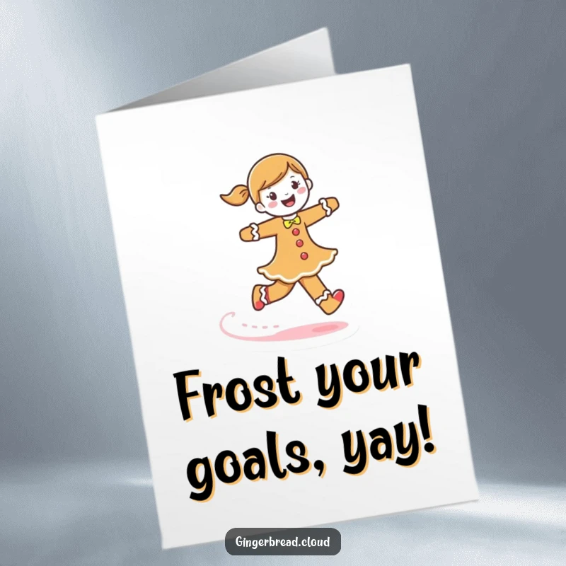 Funny Free Printable Congratulations Card showing a happy gingerbread woman with a frosting trail from her joyful skipping.