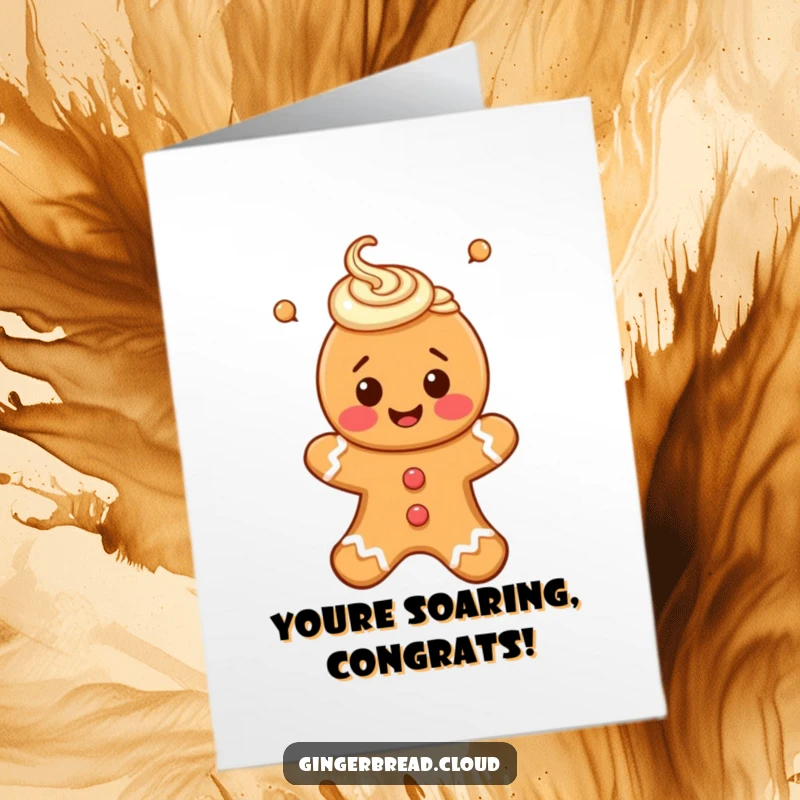 Funny Free Printable Congrats Card: A happy gingerbread person with icing swirls gracefully floating upwards.