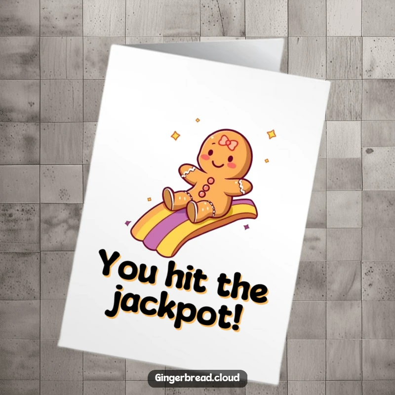 Funny Free Printable Congrats Card: A gingerbread character gleefully sliding down a bright rainbow, celebrating a great success.