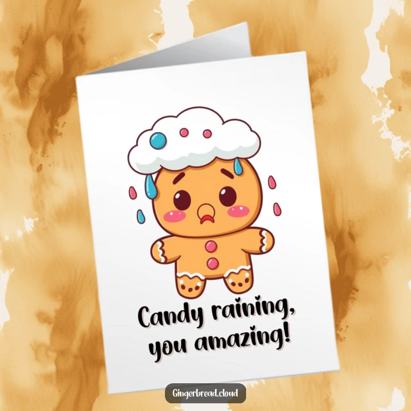 Funny Free Printable Congratulations Card: A gingerbread cookie with a surprised expression gazes at a cloud raining candy, celebrating good fortune.
