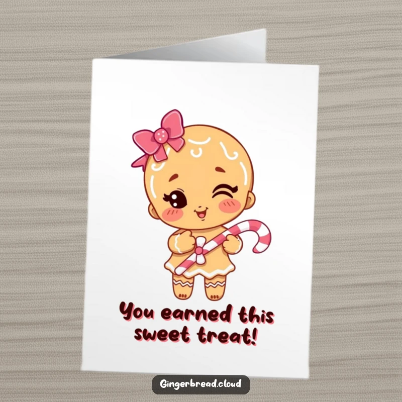 Funny Free Printable Congratulations Card depicting a winking gingerbread girl with a candy cane, perfect for celebrating achievements with humor.