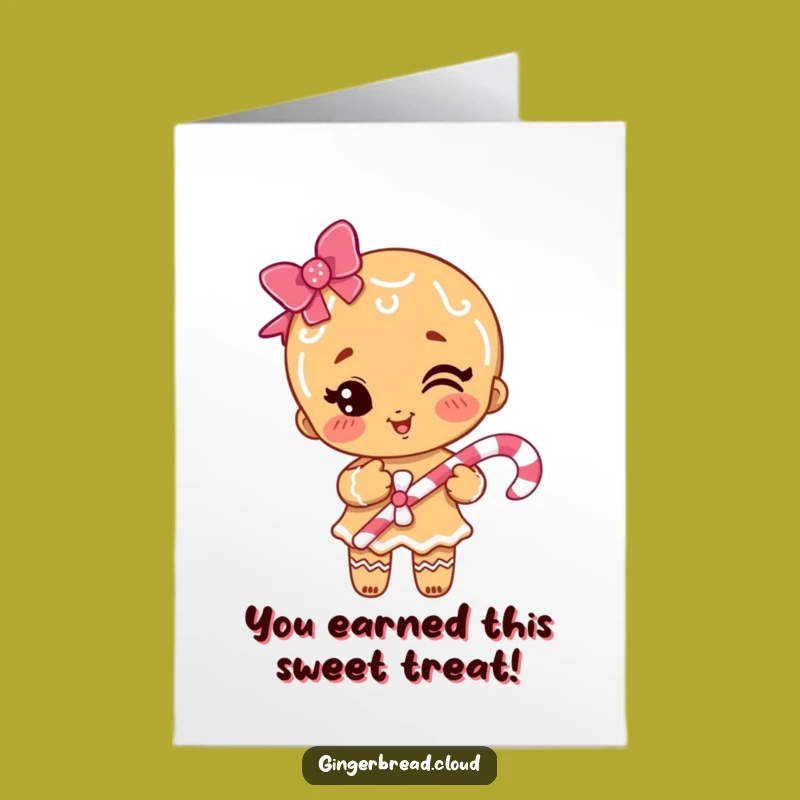 Free Printable Congrats Card: Winking Gingerbread Girl Candy Cane Funny Downloadable Gift