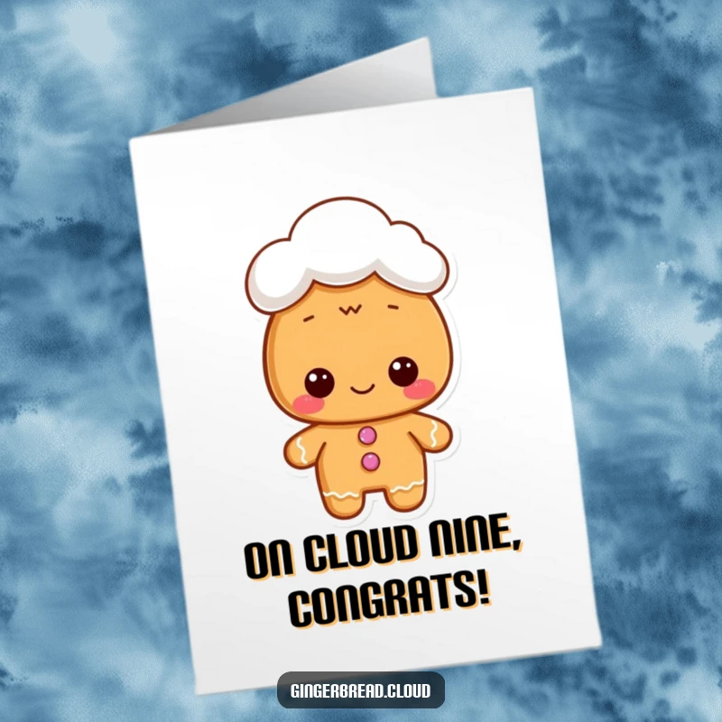 Funny Free Printable Congratulations Card: Gingerbread character wearing a tiny cloud hat, celebrating reaching new heights.