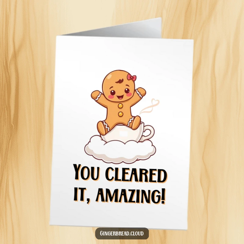 Funny Free Printable Congratulations Card: Gingerbread boy jumping over a coffee cloud, celebrating a great win.
