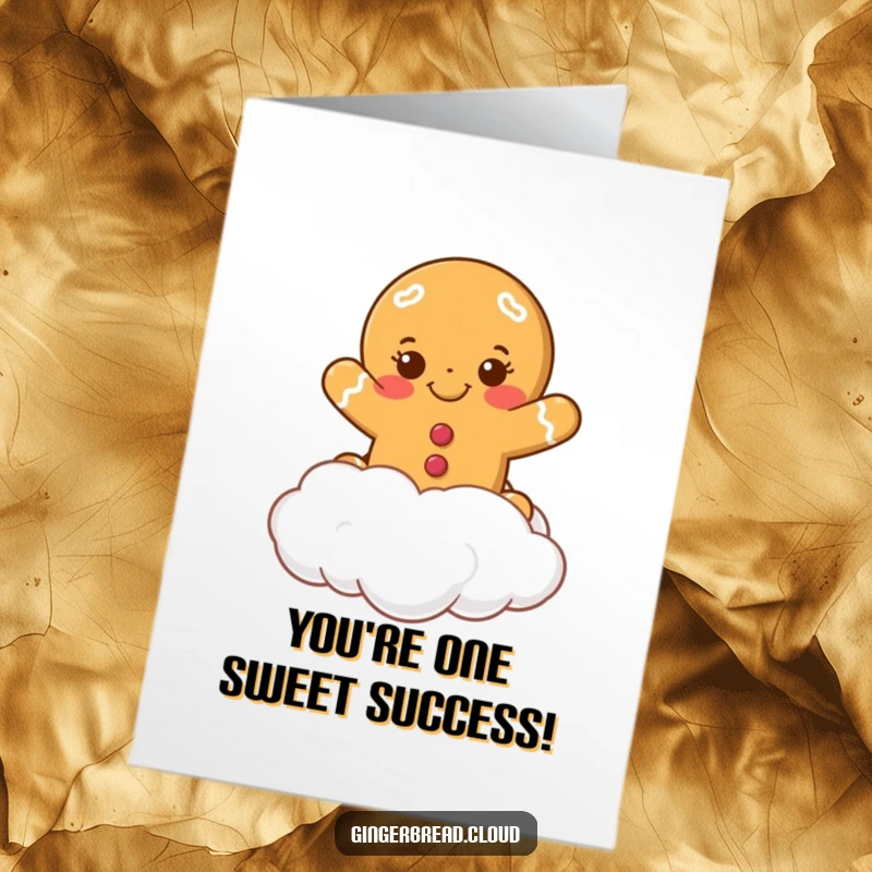 Funny Free Printable Congratulations Card: Smiling gingerbread cookie leaping from a cloud, celebrating success with whimsical delight.