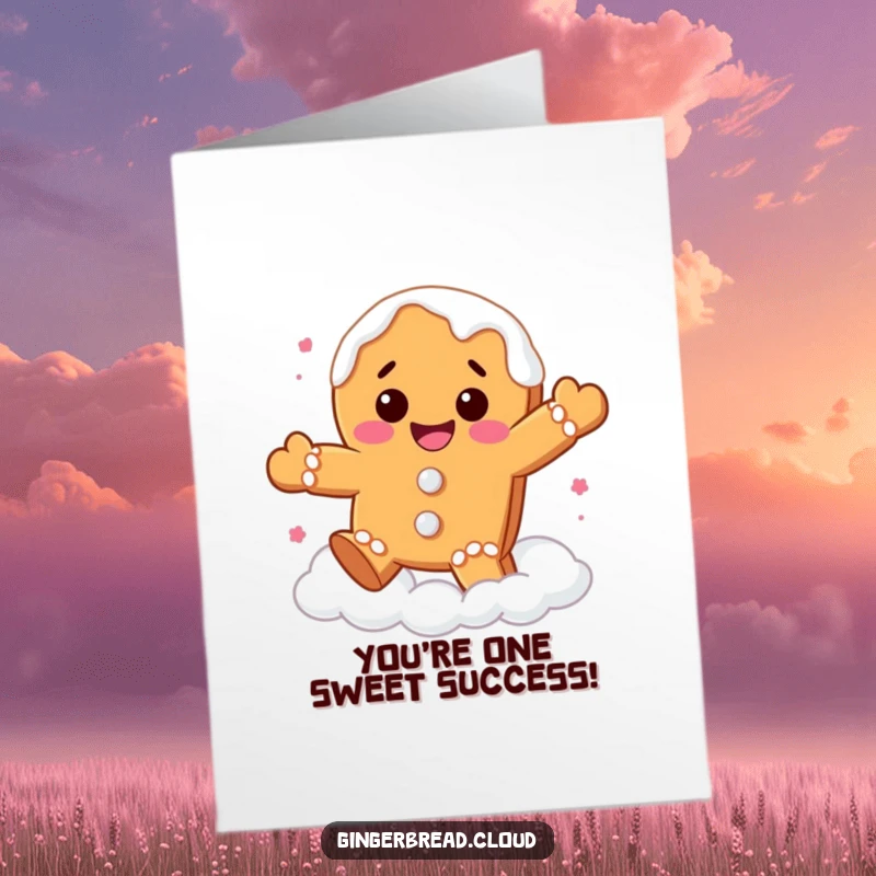 Funny Free Printable Congratulations Card: Gingerbread cookie character joyfully bouncing on clouds, celebrating a sweet achievement!