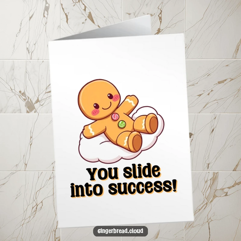 Funny Free Printable Congratulations Card: Smiling gingerbread man sliding down a cloud, celebrating a sweet victory!