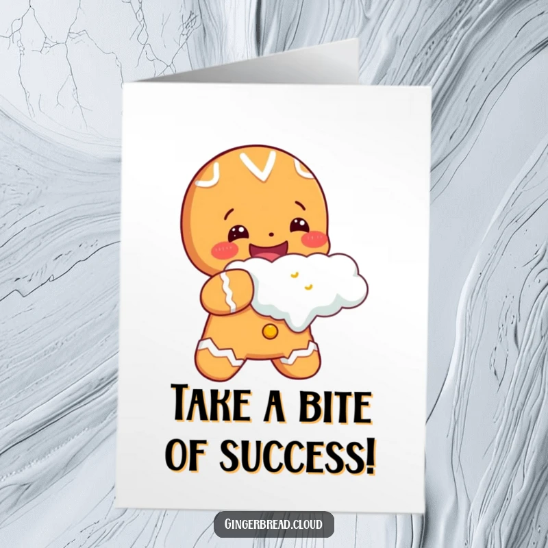 Happy Free Printable Congratulations Card: Cheerful gingerbread character joyfully taking a massive bite out of a fluffy cloud, celebrating a sweet victory.
