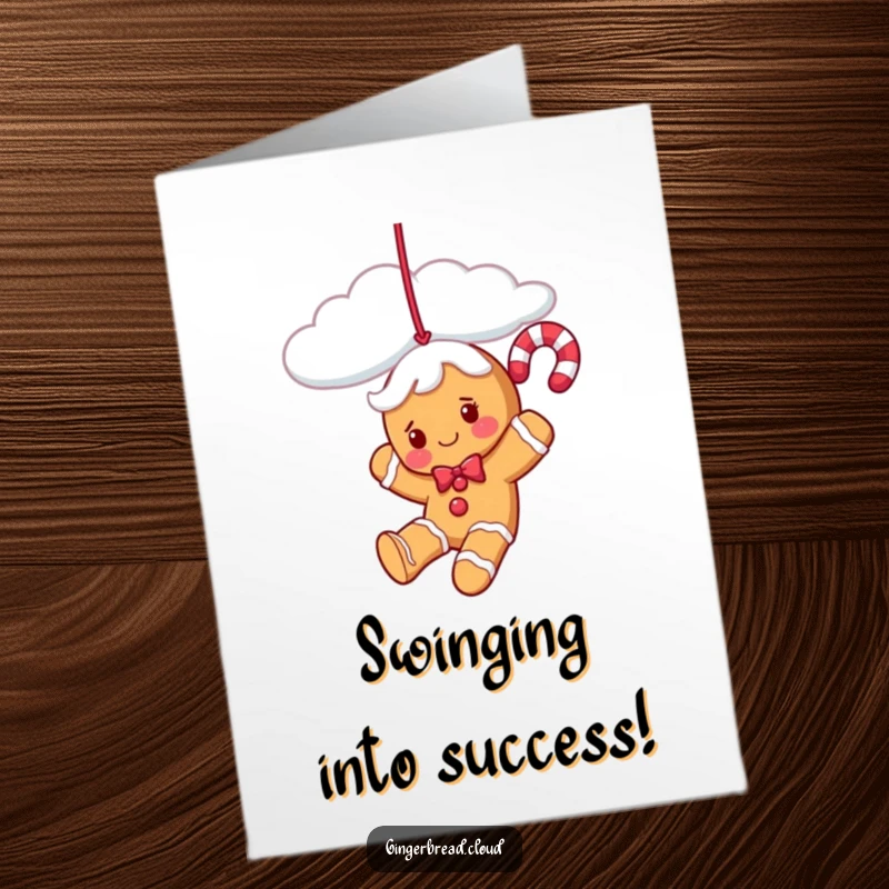 Funny Free Printable Congratulations Card featuring a gingerbread candy cane character joyfully swinging from a cloud strand, celebrating achievements.