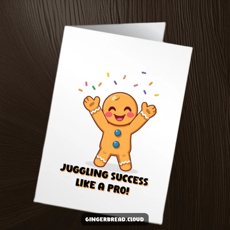 Funny Free Printable Congratulations Card: A smiling gingerbread man juggles colorful sprinkles, celebrating success with energetic flair.