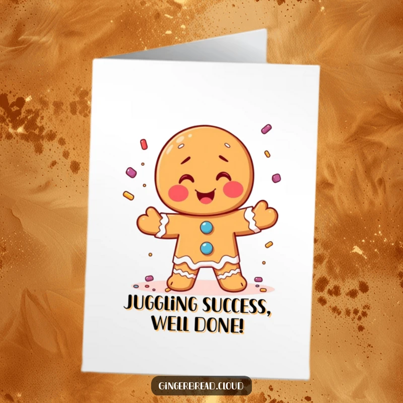 Funny Free Printable Congratulations Card: Gingerbread man juggling candy sprinkles, celebrating a joyous occasion.