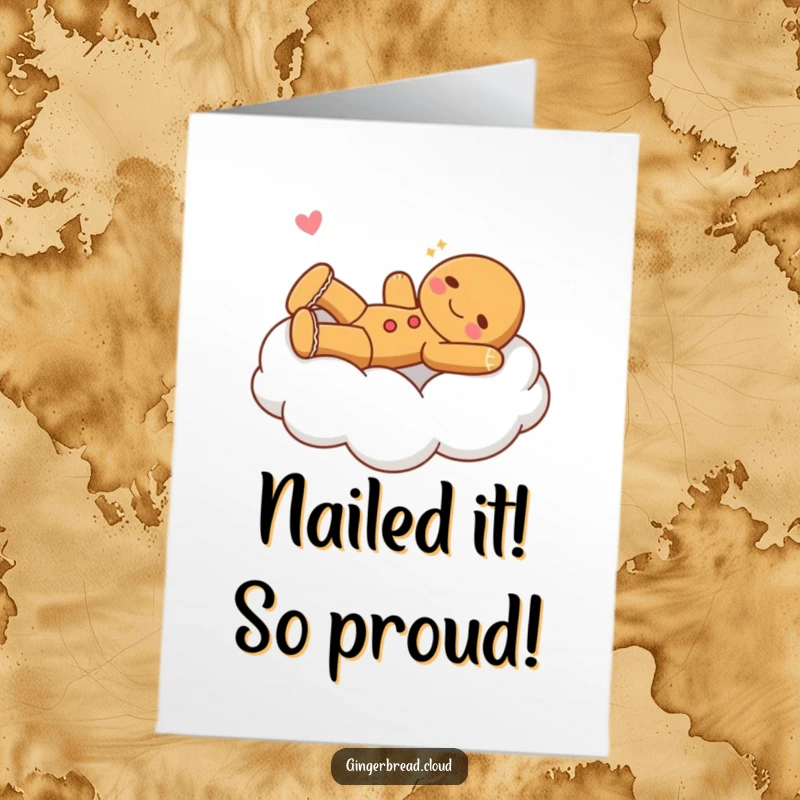 Funny Free Printable Congrats Card: Gingerbread character stretching joyfully on a fluffy cloud bed, celebrating success with pure bliss.