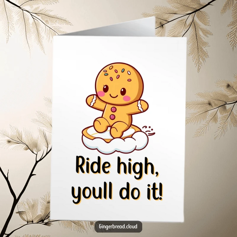 Awesome Free Printable Congratulations Card: A sprinkles-covered gingerbread cookie rides a fluffy cloud as if it were a surfboard.