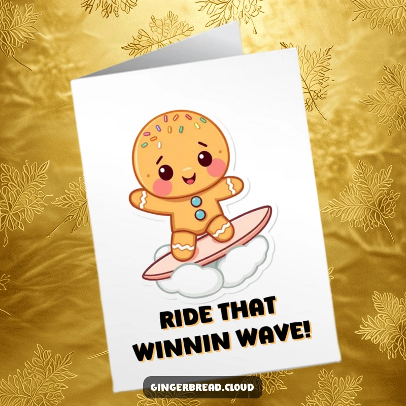 Funny Free Printable Congratulations Card: A cute gingerbread cookie character with sprinkles riding a cloud like a surfboard.