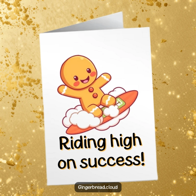Funny Free Printable Congratulations Card featuring a happy gingerbread man surfing on a cloud like a surfboard, celebrating success.